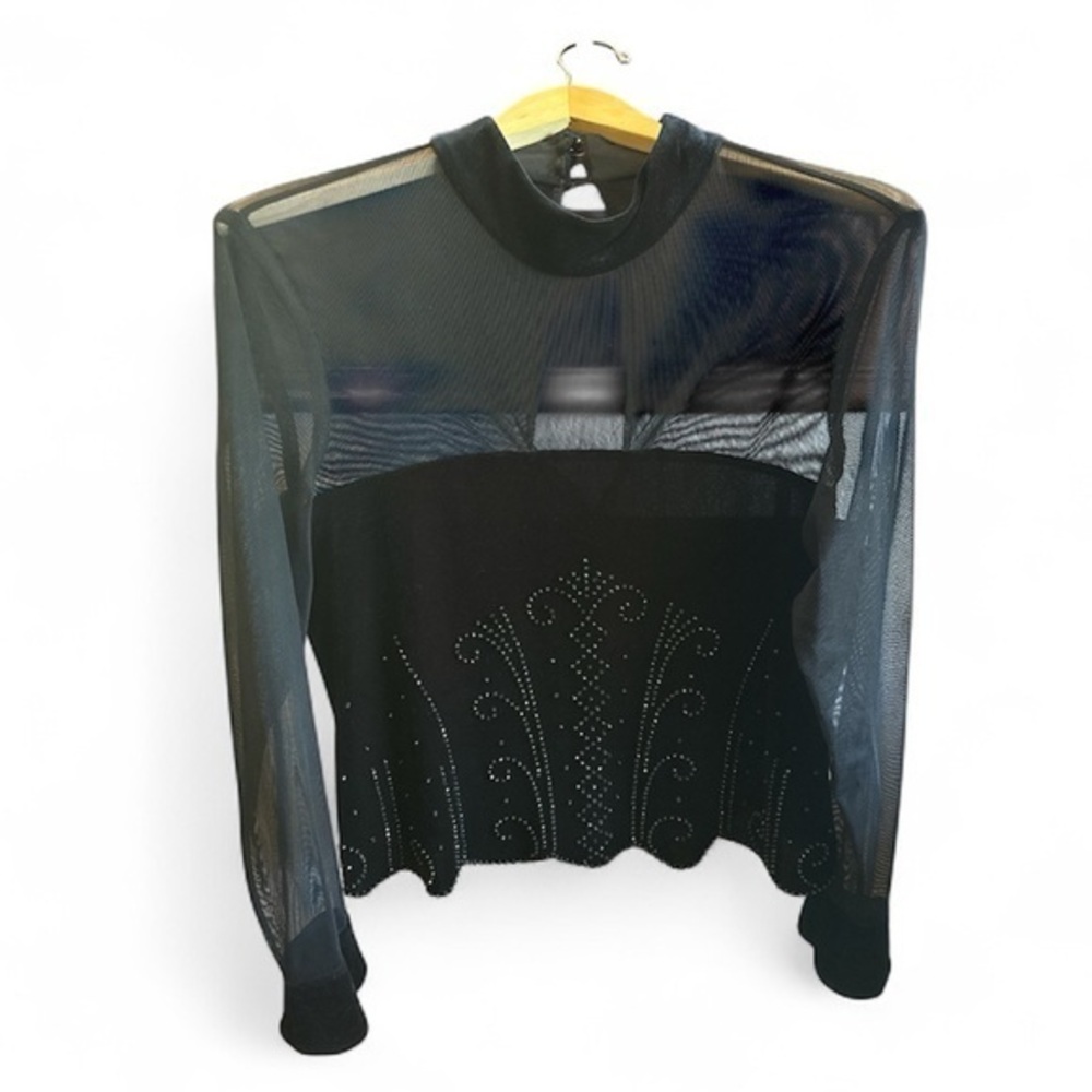 Jr. Nites by Caliendo Vintage Made in USA Velvet & Sheer Mesh Ling Sleeve Blouse
